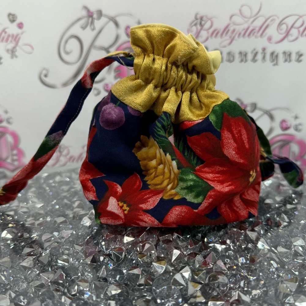 Mini bag tie up handmade flowers fruit gold small Floral Drawstring Pouch